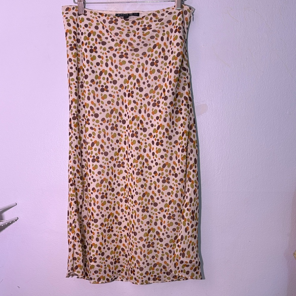 Vintage Lafayette 148 Silk Midi Skirt with Mustard and Brown Dot Print size 6